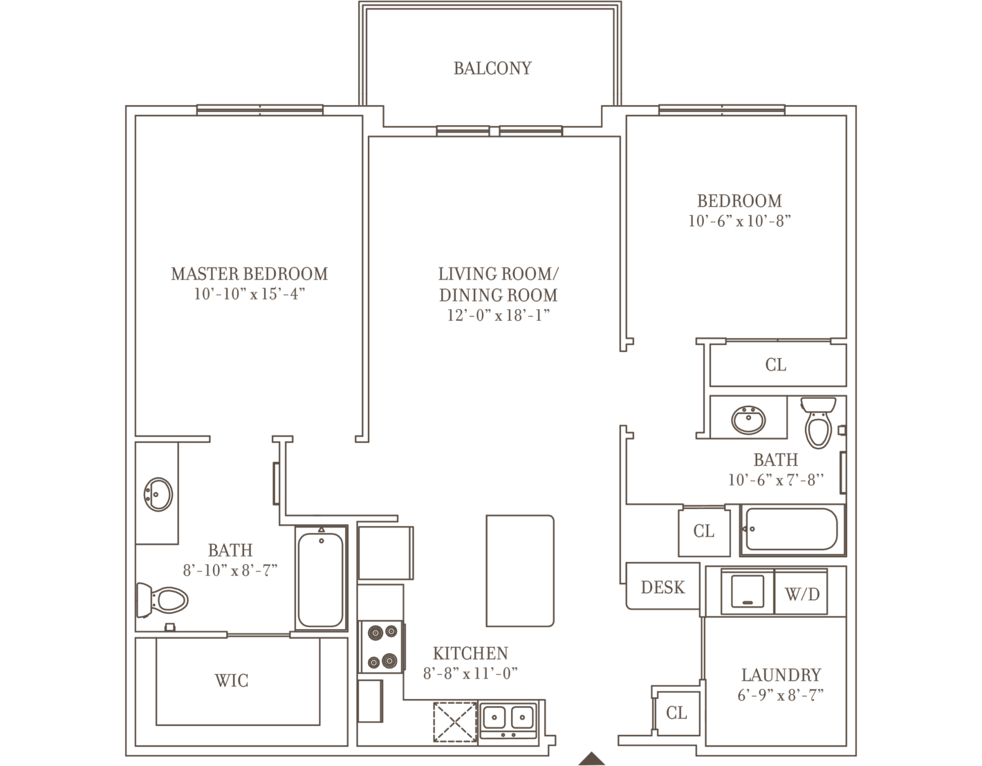 2-bedroom apartment floor plan with large master suite, oversized balcony, and in-unit laundry at Crescent Club in New Orleans.