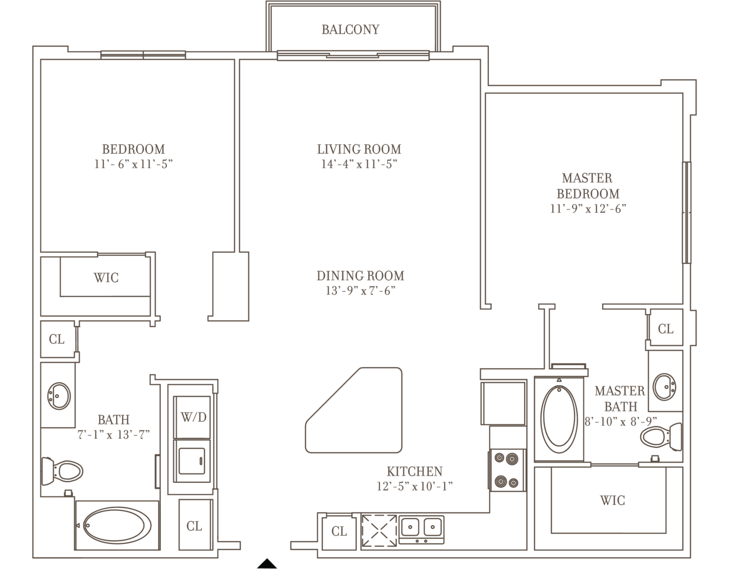 Spacious 2-bedroom apartment floor plan featuring walk in closets and balcony in Mid-City, New Orleans at Crescent Club