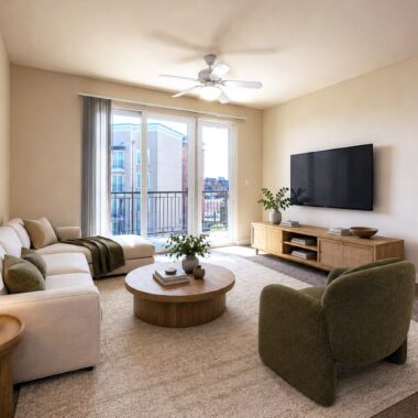 Sun-lit apartment living room with balcony access and carpet, decorated with contemporary furniture and decor in beiges and greens.