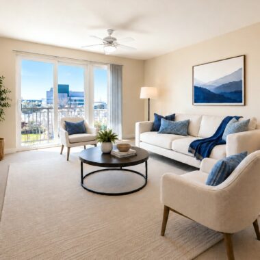 Sun-lit apartment living room with balcony access and carpet, decorated with contemporary furniture and decor in blues and neutrals.